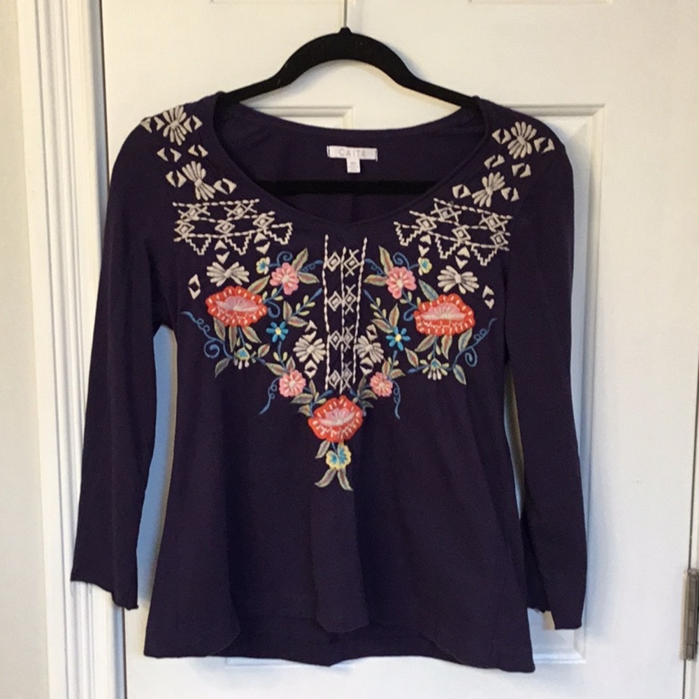 Caite Navy Embroidered Boho Top